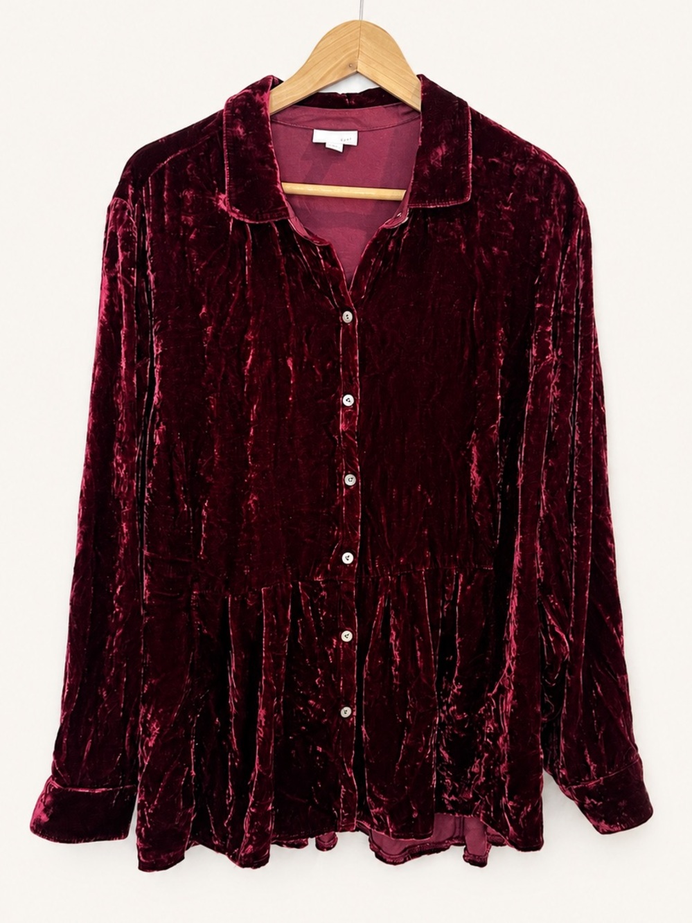J.Jill Burgundy Crushed Velvet Button Front Peplum Blouse 3X Silk Blend